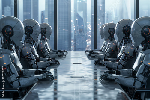 group of robot sitting in a meeting room making decisions about the future as businessmen. photo