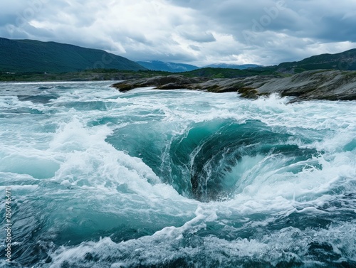 A powerful whirlpool forms where river and sea waters meet, under a dramatic sky
