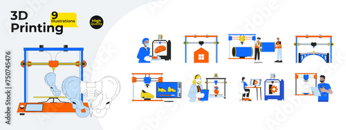 3d printing technology line cartoon flat illustration bundle. Diverse industry technicians 2D lineart characters isolated on white background. Additive manufacturing vector color image collection