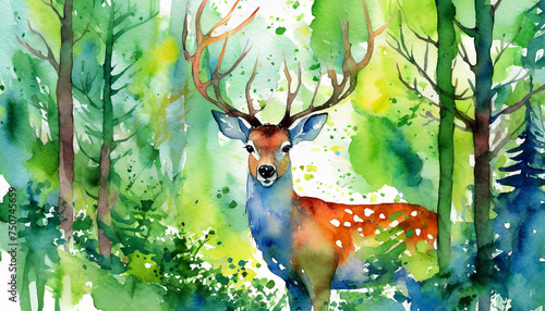 Watercolor illustration of beautiful wild deer in the forest. Wild animal. Hand drawn art.