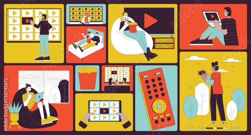 On-demand online entertainment bento grid illustration set. Leisure watching tv 2D vector image collage design graphics collection. Gen z millennial diverse flat characters moodboard layout