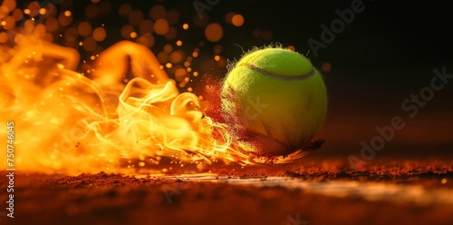 Dynamic scene of a tennis ball full of spirit bursting into flames on the court