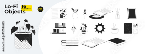 Bohemian cozy black and white 2D line cartoon objects bundle. Living room decor isolated vector outline items collection. Flowerpots, vinyl, photoframe, books monochromatic flat spot illustrations