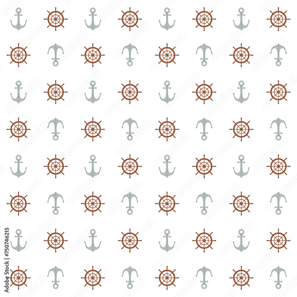 Simple nautical seamless pattern with anchors and steering wheels on white background. Summer sailing beach print repeat design. Marine journey motifs blender seamless pattern for shirt fabric print. Simple nautical seamless pattern with anchors and steering wheels on white background. Summer sailing beach print repeat design. Marine journey motifs blender seamless pattern for shirt fabric print.