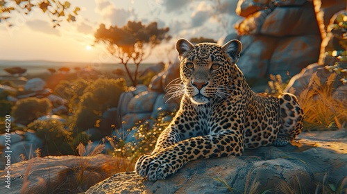 African leopard female pose in beautiful evening light. Amazing leopard in the nature habitat. Wildlife scene with dangerous beast. Hot weather in Africa. Panthera pardus. AI Generated. © Gosgrapher