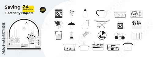 Conserving energy at household black and white 2D line cartoon objects bundle. Home appliances isolated vector outline items collection. Saving on electric bills monochromatic flat spot illustrations