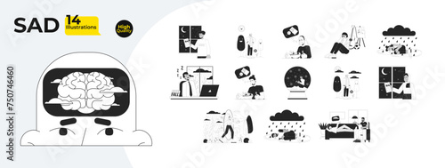 Seasonal affective disorder black and white 2D illustrations concepts bundle. Depressed people cartoon outline characters isolated on white. Emotional breakdown metaphors monochrome vector collection