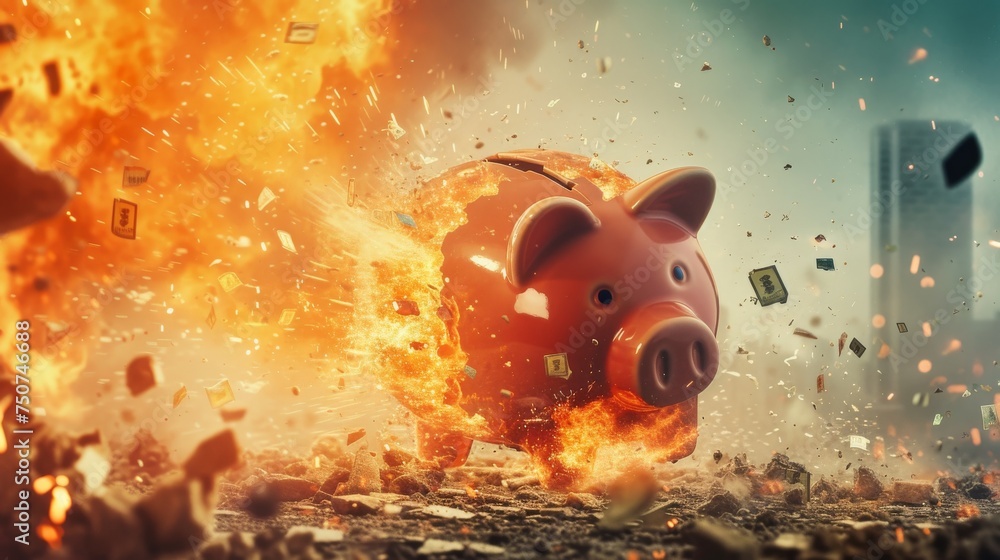 Financial crisis, picture of a exploding broken piggy bank depicting bankruptcy, loss of investment and the economic stress of economy - obrazy, fototapety, plakaty 