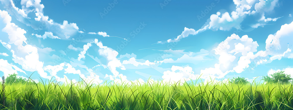 A beautiful summer landscape with a blue sky and green grass field, banner for copyspace. 