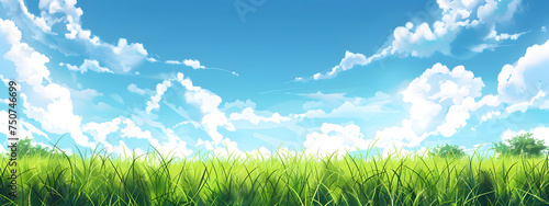 A beautiful summer landscape with a blue sky and green grass field, banner for copyspace. 