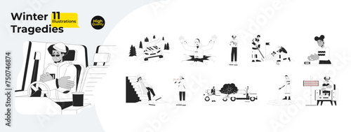 Winter hazards black and white cartoon flat illustration bundle. Freezing 2D lineart characters isolated. Danger on road, avalanche, cold weather injuries monochrome vector outline image collection