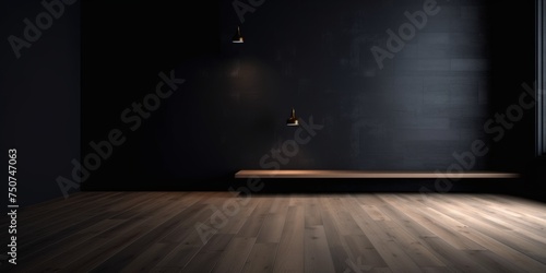 Empty space with a interplay of light and dark on the wall  creating a beautiful chiaroscuro effect  and featuring a polished wooden floor