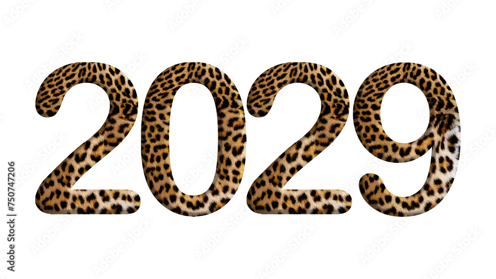 2029, year theme design made from leopard fur or skin isolated on transparent background, PNG, suitable for template design