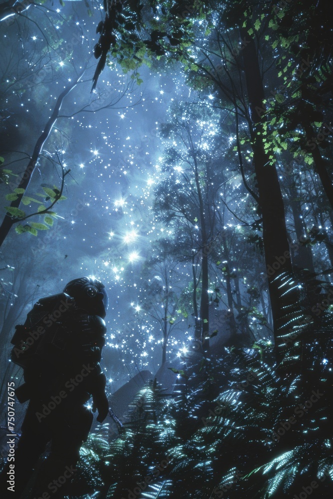 Fototapeta premium Exotic Flora Sampling by Explorers in Protective Suits in a Dense Alien Forest on a Habitable Exoplanet