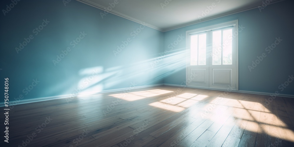 light Blue empty wall and wooden floor with interesting light glare