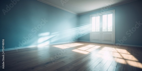 light Blue empty wall and wooden floor with interesting light glare