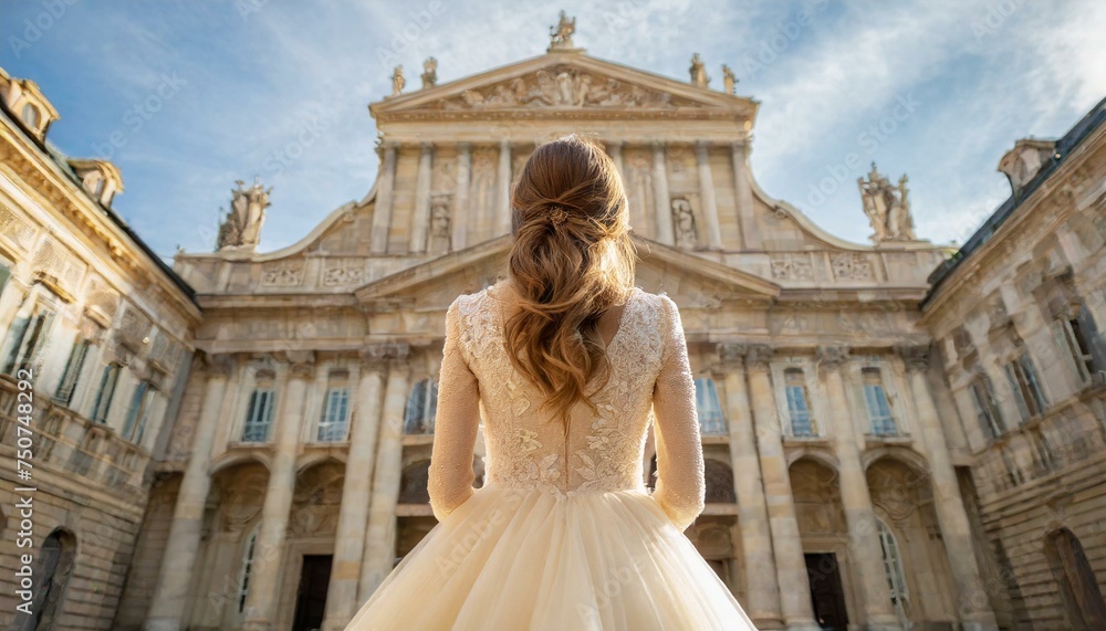Bride in white standing infront of a old building