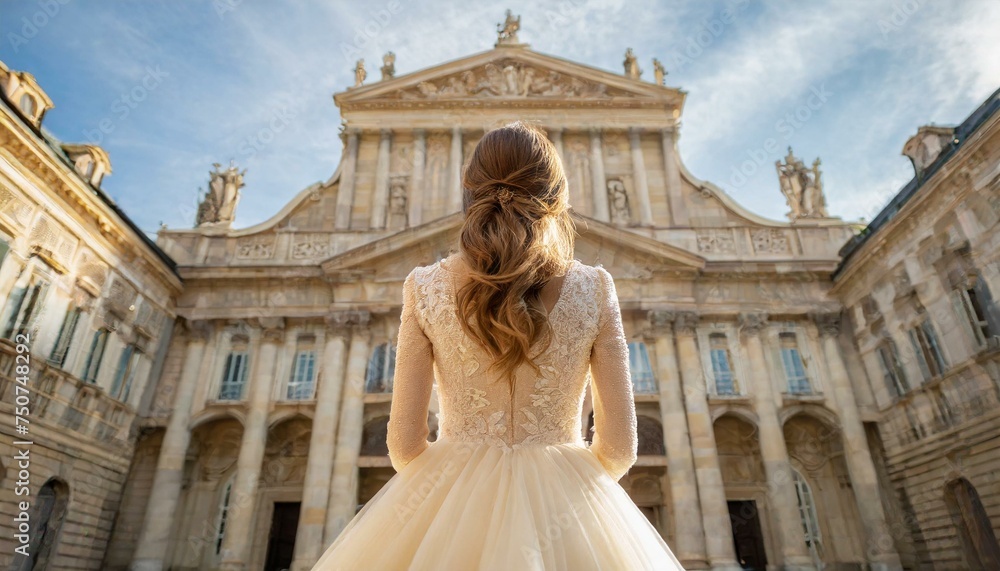 Fototapeta premium Bride in white standing infront of a old building