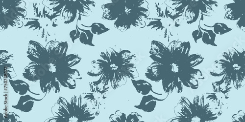 Grunge seamless pattern with leaves and flowers. Monochrome blue flowers grunge textured print. Grungy flowers ornament for fashion textile, sport clothes, fabric, wrapping paper #750748472