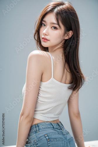 Gorgeous Young Female Model - Fashion or Cosmetics Model - White Top and Blue Jeans - Flawless Skin and Fine features - Beautiful Smooth Hair © Eggy