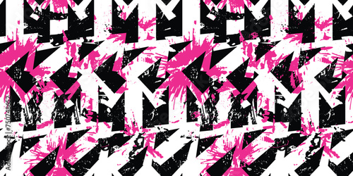 Tie dye Geometric seamless pattern with geometric ornaments and splatter background. Geometrical grid repeat print and Paint splatter pink  on white background.