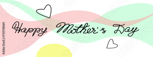 Happy Mother's Day handwritten lettering quote. Elegant calligraphic text on abstract background with floating lines and contour hearts in pastel colors. Horisontal greeting banner for website