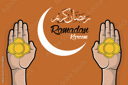 Muslim giving Ramadan Kareem Charity to poor people vector illustration. Islamic holiday icon concept. Muslim concept for zakat property, income and "fitrah" zakat. Ramadan Kareem vector post design.

