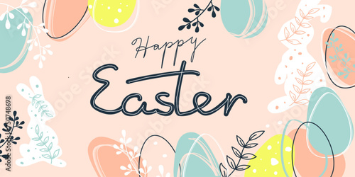 Happy Easter horisontal banner in minimal style and pastel colors. Hand drawn Easter eggs, bannies and branches. Typography design with hand written lettering, Vector illustration