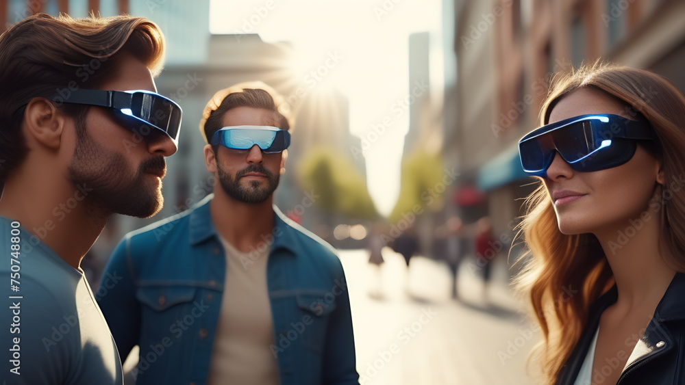 Two men and a woman talking to each other in compact virtual reality glasses with neon lighting Two men and a woman talking to each other in compact virtual reality glasses with neon lighting