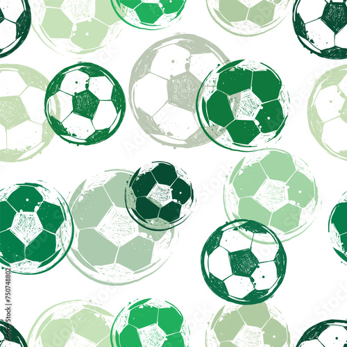 Grunge seamless pattern with print and soccer ball in green and white colors. Soccer ball repeat ornament. Football print with ball