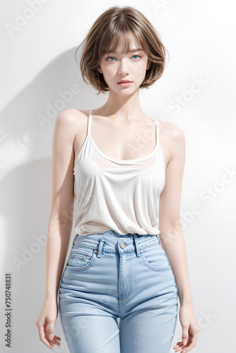 Gorgeous Young Female Model - Fashion or Cosmetics Model - White Top and Blue Jeans - Flawless Skin and Fine features - Beautiful Smooth Hair © Eggy