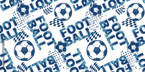 Sports seamless pattern soccer ball, football typography background blue and white colors. Football ornament for sport textile, boy clothes, fabric, wrapping paper