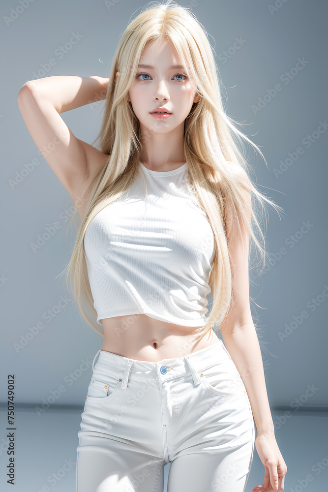 Gorgeous Young Female Model - Fashion or Cosmetics Model - White Top and Blue Jeans - Flawless Skin and Fine features - Beautiful Smooth Hair Gorgeous Young Female Model - Fashion or Cosmetics Model - White Top and Blue Jeans - Flawless Skin and Fine features - Beautiful Smooth Hair