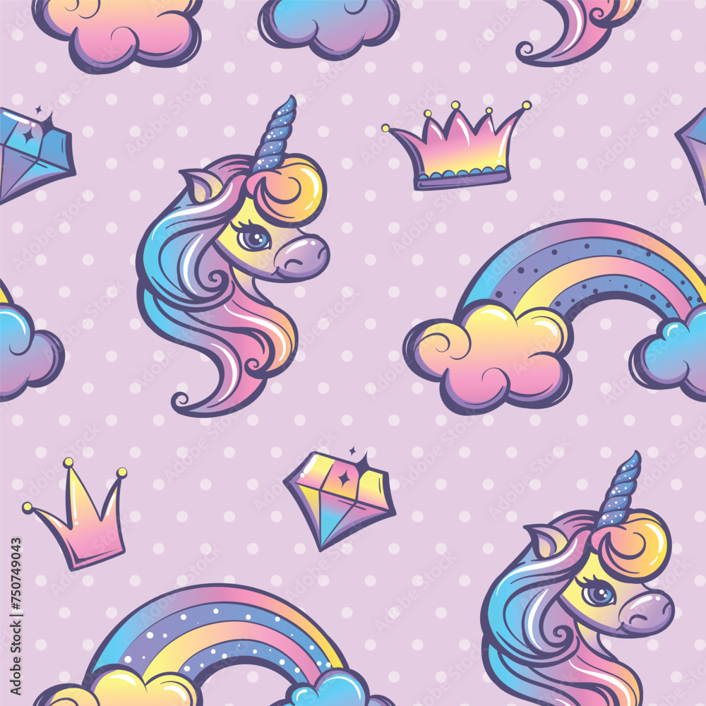 Unicorn seamless pattern on pink dots background with crown, rainbow, diamonds. Funny vanilla color unicorns ornament. Cartoon unicorn print