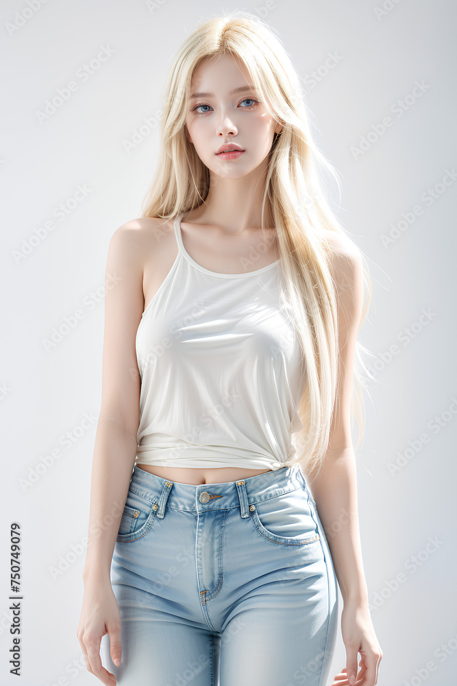 Gorgeous Young Female Model - Fashion or Cosmetics Model - White Top and Blue Jeans - Flawless Skin and Fine features - Beautiful Smooth Hair