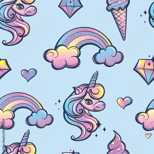 Girlish seamless pattern with unicorn baby girl, hearts, cone ice cream, diamond, clouds, rainbow. Funny vanilla color elements. Cartoon style unicorn ornament