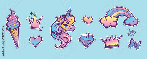 Girlish patch badges unicorn baby girl, crown, tiara, hearts, cone ice cream, diamond, clouds, rainbow. Funny vanilla color elements. Cartoon style stickers