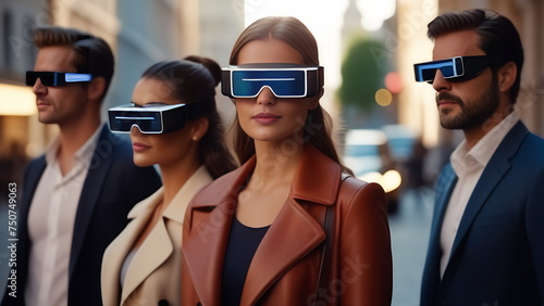 2 business women with 2 business men wearing virtual reality glasses in the city