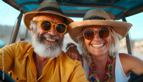 Mature couple enjoying their trip with a wide smile and wearing modern sunglasses.