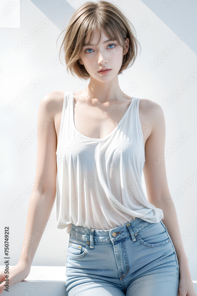 Gorgeous Young Female Model - Fashion or Cosmetics Model - White Top and Blue Jeans - Flawless Skin and Fine features - Beautiful Smooth Hair Gorgeous Young Female Model - Fashion or Cosmetics Model - White Top and Blue Jeans - Flawless Skin and Fine features - Beautiful Smooth Hair