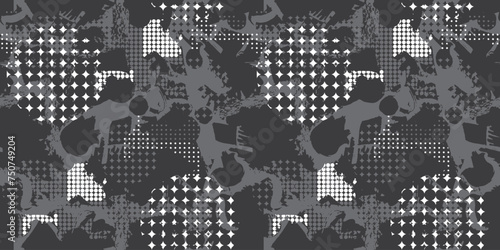 Abstract grunge seamless pattern with dots on grunge web background. Textured print for textile, clothes, wrapping paper. Black and white camouflage ornament