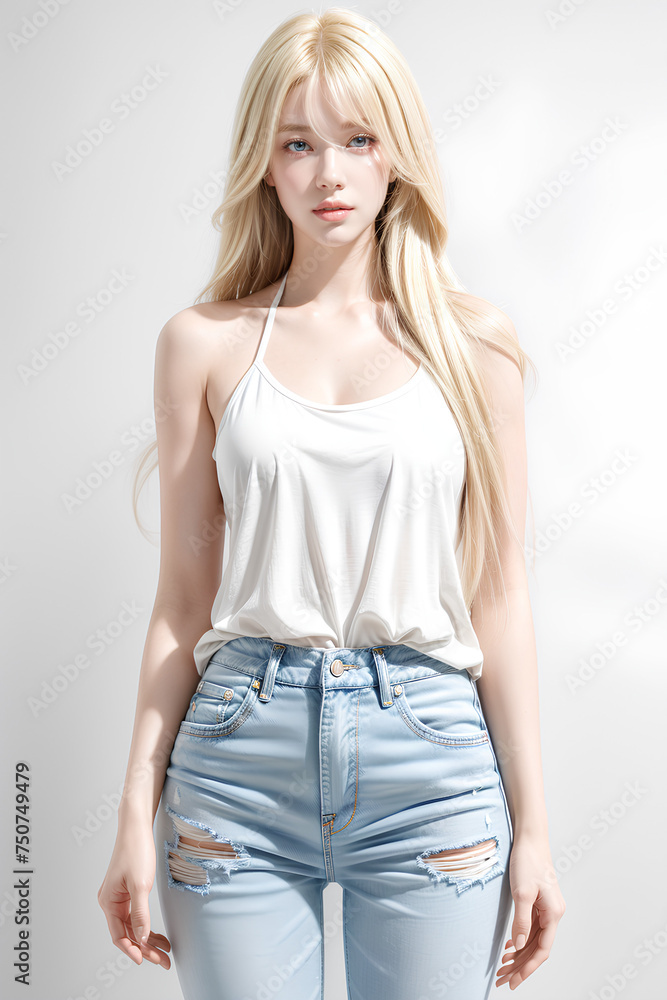 Gorgeous Young Female Model - Fashion or Cosmetics Model - White Top and Blue Jeans - Flawless Skin and Fine features - Beautiful Smooth Hair Gorgeous Young Female Model - Fashion or Cosmetics Model - White Top and Blue Jeans - Flawless Skin and Fine features - Beautiful Smooth Hair