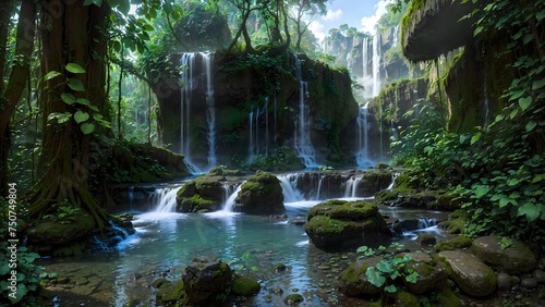 Waterfall in deep tropical jungle rain forest