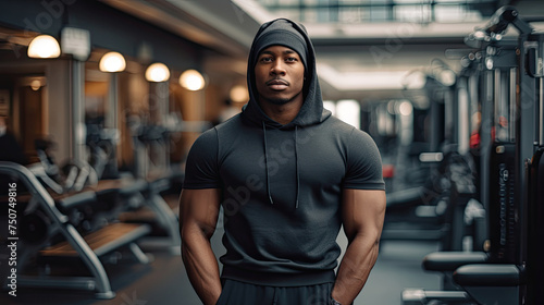 African American male bodybuilder in a hoodie stands in the gym. Advertising banner layout for a gym or fitness trainer.