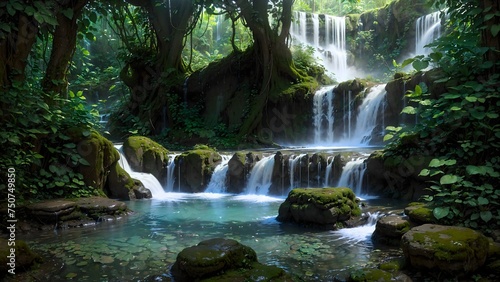 Waterfall in deep tropical jungle rain forest