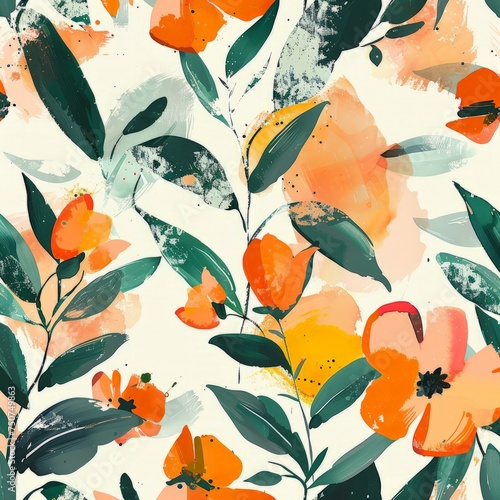 A painting featuring vibrant oranges and lush green leaves against a clean white backdrop, showcasing a simple yet striking composition. © pham