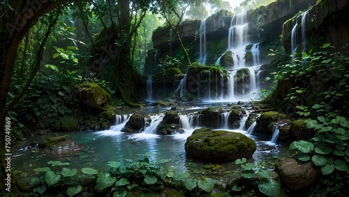 Waterfall in deep tropical jungle rain forest