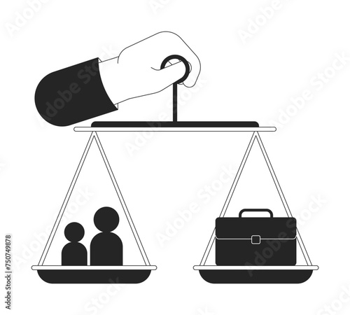 Holding work life balance scale cartoon human hand outline illustration. Carrying stability equilibrium 2D isolated black and white vector image. Decision-making flat monochromatic drawing clip art