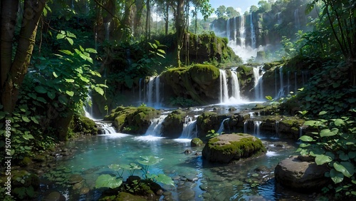 Waterfall in deep tropical jungle rain forest