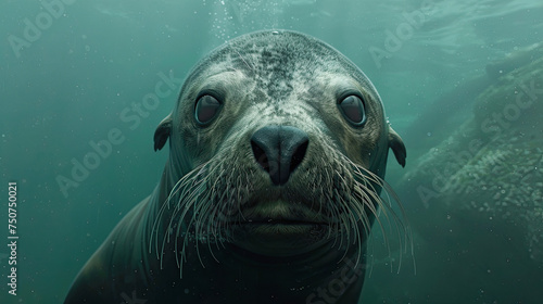 Funny sea lion swimming underwater in the ocean. Animal theme. AI Generated. © Gosgrapher